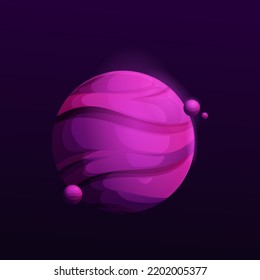 Dark purple space planet with satellites. Mysterious vector violet cosmic object with stripes on surface. Galaxy striped cartoon globe in universe, ui game fantasy meteor, isolated astronomical sphere