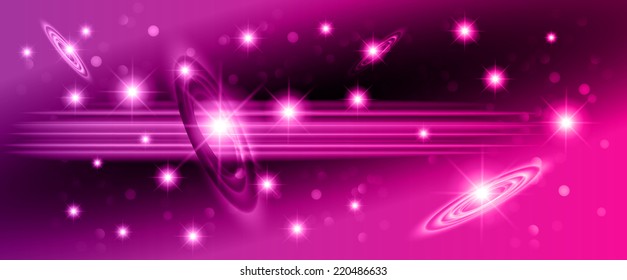 Dark purple sparkling background with stars in the sky and blurry lights, illustration. Abstract, Universe, Galaxies, ring. 
