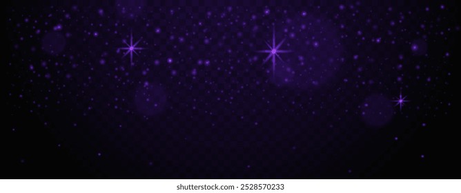 Dark purple starry sky with glowing particles and light flares on transparent background. Abstract sparkling effects Glare light effect. Star dust, sparkles. Neon light. Night star