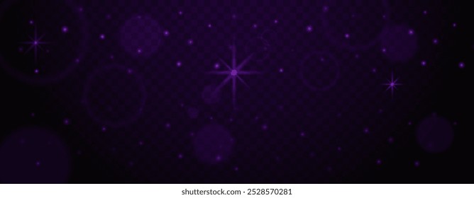 Dark purple starry sky with glowing particles and light flares on transparent background. Abstract sparkling effects Glare light effect. Star dust, sparkles. Neon light. Night star