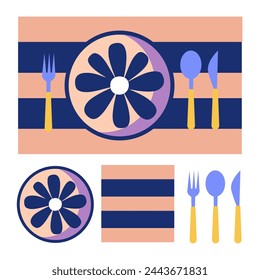 Dark purple tablecloth with pink cutlery set (spoon, fork, and knife) and a gray plate with a violet flower in the center for a picnic scene, all illustrated in vector format