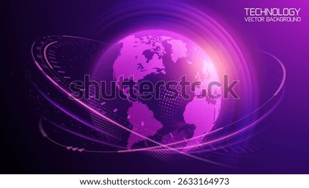 Dark purple technology vector background.Planet Earth. Abstract technological rings in the orbit of the planet. Global communication system and communication satellites. Religious image. 