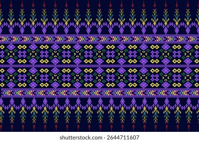 Dark purple traditional woven fabric pattern displaying intricate geometric motifs and diverse decorative bands, suitable for art and textiles.