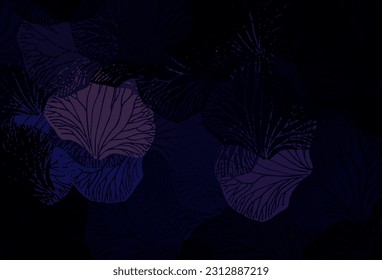 Fondo abstracto del vector púrpura oscuro con hojas. Doodles esquemáticos con hojas sobre fondo borroso. Plantilla para fondos de teléfonos móviles.