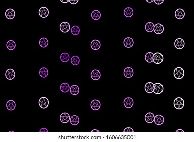 Dark Purple vector backdrop with mystery symbols. Colorful vintage illustration with gradient alchemy shapes. Best design halloween events.