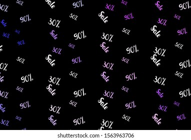 Dark Purple vector background with 30, 50, 90 % signs of sales. Colored words of sales with gradient on white background. Template for season sales, shopping ads.