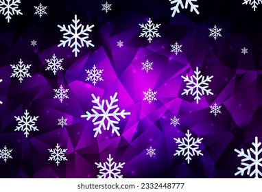 Dunkelvioletter Vektorhintergrund mit schönen Schneeflocken, Sternen. Abstrakte Illustration mit Farbverlauf-Kristall-Eisformen. Muster für Neujahrswebseiten.