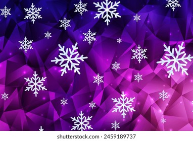 Fondo de Vector púrpura oscuro con hermosos copos de nieve, estrellas. Ilustración abstracta geométrica moderna con copos de nieve. Pieza base para los folletos de Año Nuevo.