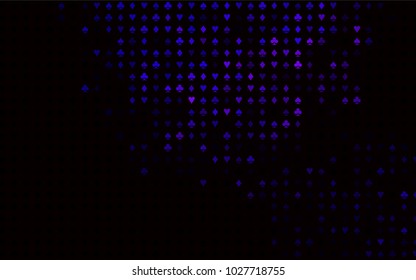 Dark Purple vector background with cards signs. Illustration with set of hearts, spades, clubs, diamonds. Template for business cards of casinos.