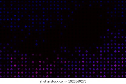 Dark Purple vector background with cards signs. Blurred decorative design of hearts, spades, clubs, diamonds. Pattern for booklets, leaflets of gambling houses.