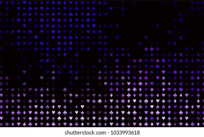 Dark Purple vector background with cards signs. Blurred decorative design of hearts, spades, clubs, diamonds. Pattern for booklets, leaflets of gambling houses.