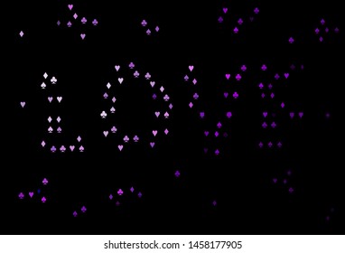 Dark Purple vector background with cards signs. Colored illustration with hearts, spades, clubs, diamonds. Pattern for ads of parties, events in Vegas.