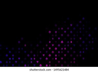 Dark Purple vector background with cards signs. Illustration with set of hearts, spades, clubs, diamonds. Template for business cards of casinos.