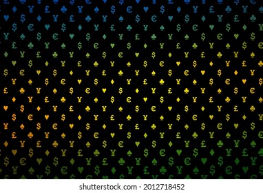 Dark purple vector background with cards signs. Glitter abstract sketch with isolated symbols of playing cards. Pattern for leaflets of poker games, events.