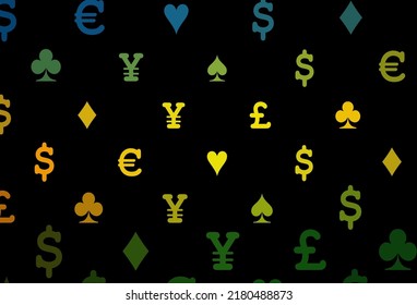Dark purple vector background with cards signs. Illustration with set of hearts, spades, clubs, diamonds. Pattern for booklets, leaflets of gambling houses.