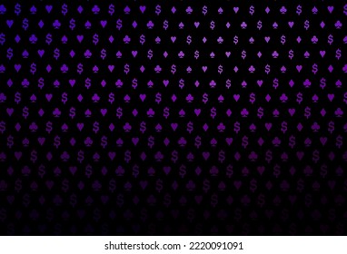Dark purple vector background with cards signs. Glitter abstract sketch with isolated symbols of playing cards. Design for ad, poster, banner of gambling websites.