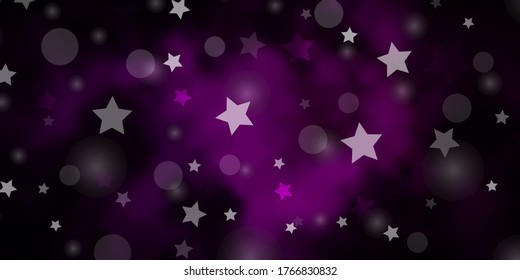 Dark Purple vector background with circles, stars. Abstract illustration with colorful spots, stars. Design for textile, fabric, wallpapers.