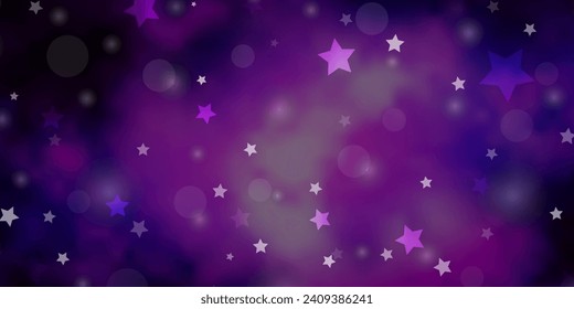 Fondo vector púrpura oscuro con círculos, estrellas. Ilustración colorida con puntos degradados, estrellas. Textura para persianas, cortinas.