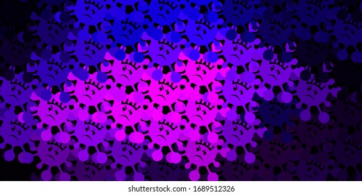 Dark purple vector background with covid-19 symbols. Simple design in abstract style with infection forms. Design for biohazard warning.