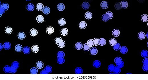 Dark purple vector background with covid-19 symbols. Simple design in abstract style with infection forms. Best design for quarantine events.