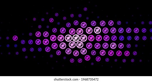 Dark Purple vector background with covid-19 symbols. Colorful abstract illustration with gradient medical shapes. Design for biohazard warning.