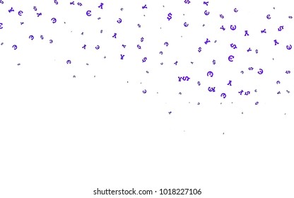 Dark Purple vector background with Euro, Dollar, Yen. Colored symbols of all currency on white background. Template for ads of markets, loans.