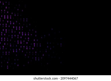 Fondo vector púrpura oscuro con euro, yen, libra. Símbolos coloreados de todas las divisas sobre fondo blanco. Diseño inteligente para tu anuncio comercial de riqueza económica.