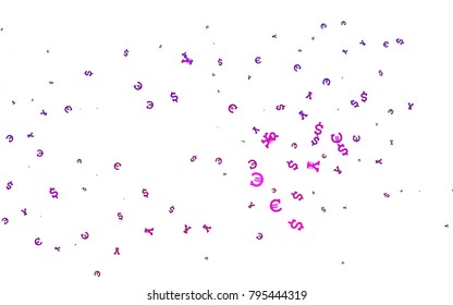 Dark Purple vector background with Euro, Dollar, Yen. Abstract illustration with colored financial digital symbols. The pattern can be used for ad, booklets, leaflets of banks.