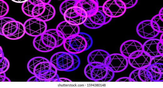 Dark Purple vector background with occult symbols. Colorful mystic symbols with a gradient in ancient style. Background for esoteric, mystic designs.