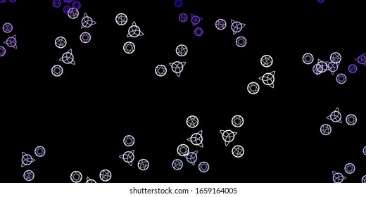 Dark Purple vector background with occult symbols. Colorful vintage illustration with gradient alchemy shapes. Best design halloween events.