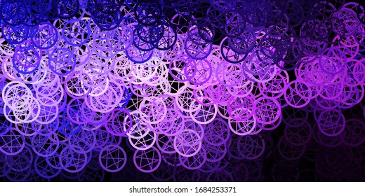 Dark Purple vector background with occult symbols. Colorful vintage illustration with gradient alchemy shapes. Simple design for occult depiction.