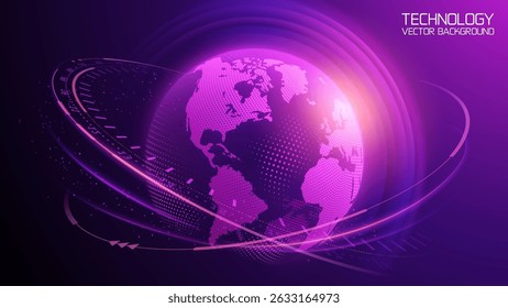 Dark purple vector background. Planet Earth. Abstract technological rings in the orbit of the planet. Global communication system and communication satellites. Religious image. The effect of movement.