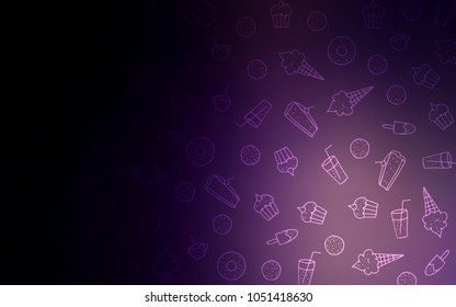 Dark Purple vector background with tasty sweets. Illustration with set of sweet food in doodle style. Doodle design for your business advert of cafes.