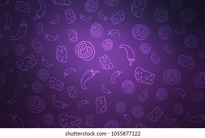 Dark Purple vector background with tasty food. Illustration with set of fresh food in doodle style. Design for ad, poster, banner of cafes or restaurants.