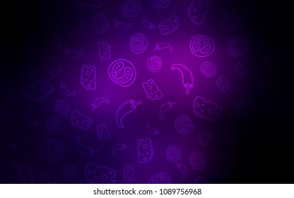 Dark Purple vector background with tasty food. Blurred decorative design of snacks in doodle style. Pattern for ads of breakfast, lunch, dinner.