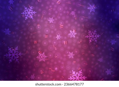 Dark Purple vector background in Xmas style. Illustration with colorful snowflakes and Christmas balls. Pattern for ads, poster, banner of books.