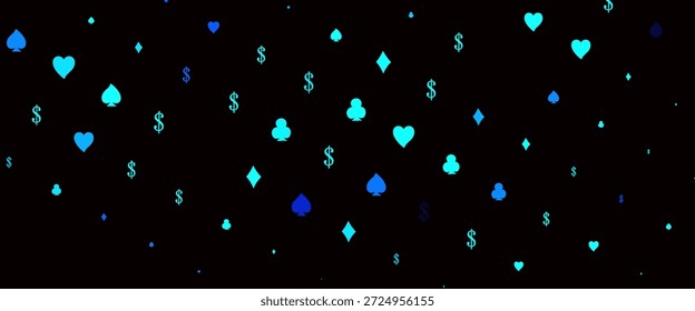 Fondo borroso de Vector púrpura oscuro con brillo. Patrón de diseño de arte. Brillo aaAzul Oscuro, Diseño de Vector Verde con Elementos de tarjetas. Gradiente colorido con signos de corazones, picas, palos, diamantes. Diseño para anuncio, cartel, Anuncio de Sitios web de juego. ilustración abstracta con elegante diseño de gradiente brillante.