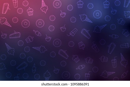 Dark Purple vector cover with set of confections. Decorative shining illustration with sweets on abstract template. Design for ad, poster, banner of cafes or restaurants.