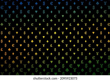 Dark purple vector cover with symbols of gamble. Colorful gradient with signs of hearts, spades, clubs, diamonds. Pattern for booklets, leaflets of gambling houses.
