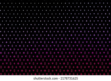 Tapa vectorial púrpura oscura con símbolos de juego. Ilustración de color con corazones, espadas, palos, diamantes. Patrón de folletos de juegos de póquer, eventos.