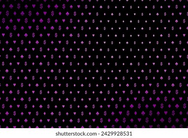 Dark purple vector cover with symbols of gamble. Colored illustration with hearts, spades, clubs, diamonds. Template for business cards of casinos.