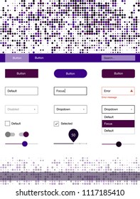 Dark Purple vector design ui kit with dots. Web ui kit with abstract gradient circles in its header. This template you can use for landing pages.