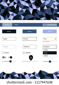 Dark Purple vector design ui kit with mosaic. Ui Ux kit with colorful polygonal background in its header. Beautiful layout for websites, landing pages.