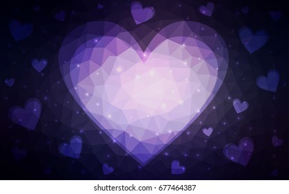 Dark Purple vector greeting Card Happy Valentine's Day. Lettering with hearts on the white polygonal background. Colored triangular illustration for your business.
