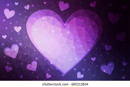 Dark Purple vector greeting Card Happy Valentine's Day. Lettering with hearts on the white polygonal background. Colored triangular illustration for your business.