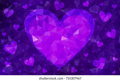 Dark Purple vector greeting Card Happy Valentine's Day. Lettering with hearts on the white polygonal background. Colored triangular illustration for your business.
