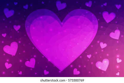 Dark Purple vector love background with heart. Paper note. Valentine's greeting polygonal card. Triangular illustration for your business. Stock template for your design.