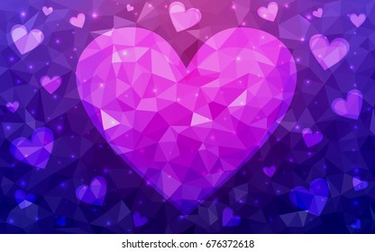 Dark Purple vector love background with heart. Paper note. Valentine's greeting polygonal card. Triangular illustration for your business. Stock template for your design.
