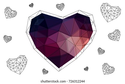 Dark Purple vector love background with heart. Paper note. Valentine's greeting polygonal card. Triangular illustration for your business. Stock template for your design.