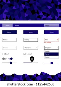 Dark Purple vector Material Design Kit with lines. Web ui kit with abstract gradient triangles in its header. This template you can use for landing pages.